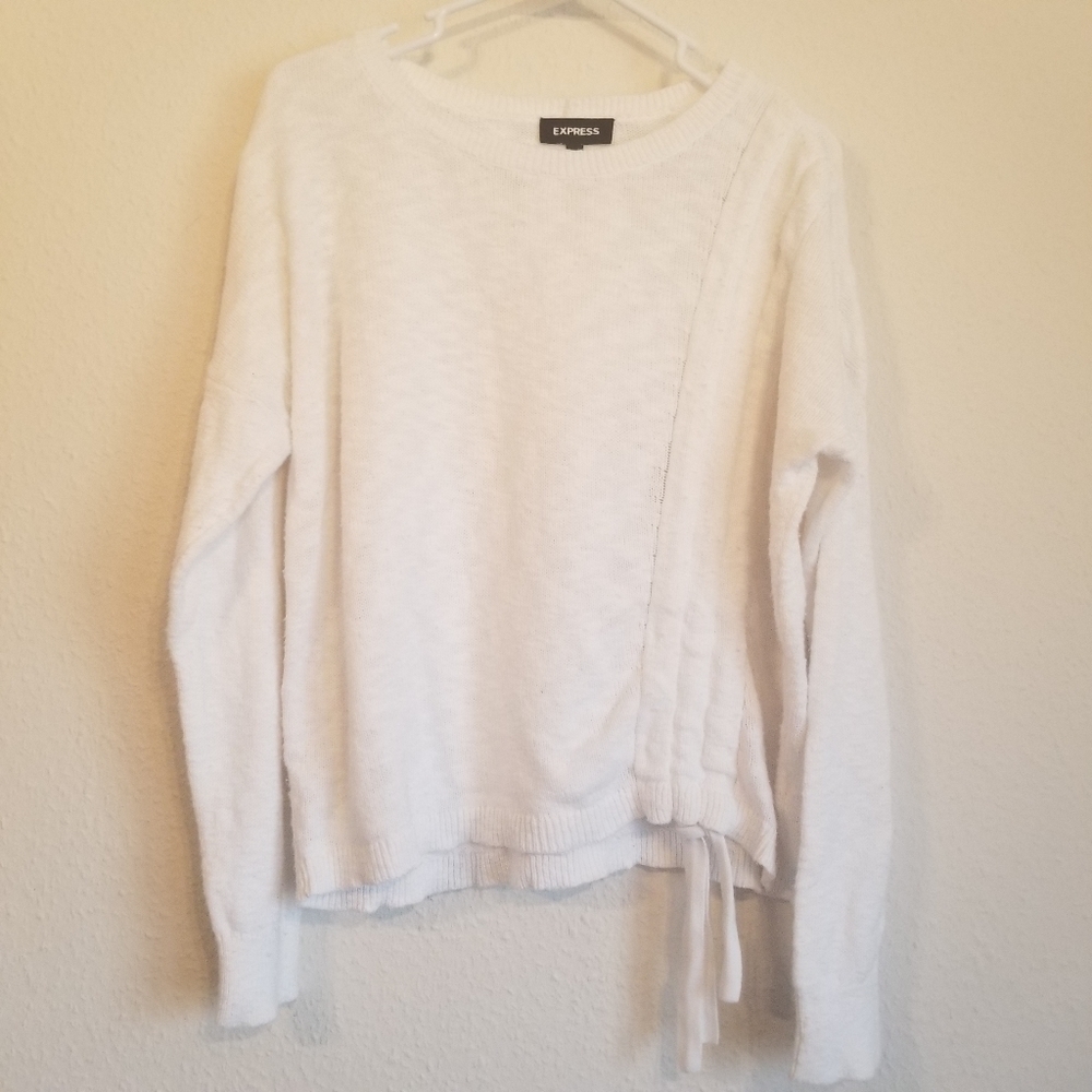 White Express Long Sleeve Sweater with Tie at Bottom